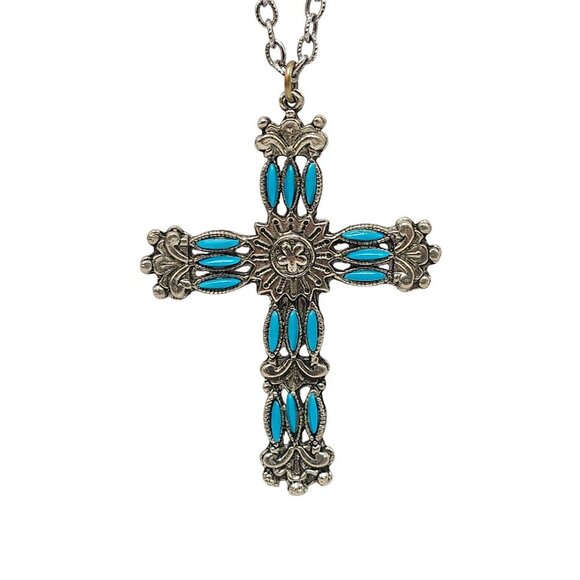 Vintage Turquoise Inlay Resin Silver-Tone Cross Pendant Necklace - Picture 1 of 6